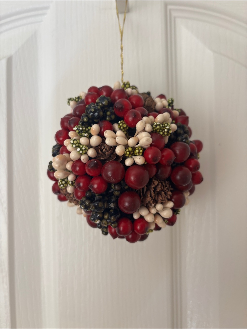 Red Berries, Brown Pinecone, & White Buds Pomander Christmas Ornament ~